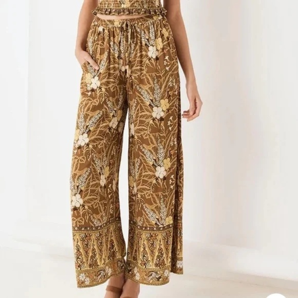 Spell Brown Floral Wide-Leg Pants with Cream Blooms